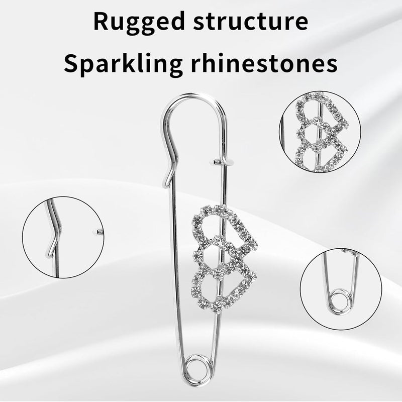 VToALARD 10pcs Rhinestone Safety Pins,Clear Crystal Double Heart Safety Pin Brooch,Large Safety Pins for Skirts Sweater Scarf Lapel Hat Shawl Accessories,Brooch Pins for Clothes - Image 2
